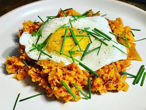 Crabby kimchi fried rice with a runny egg