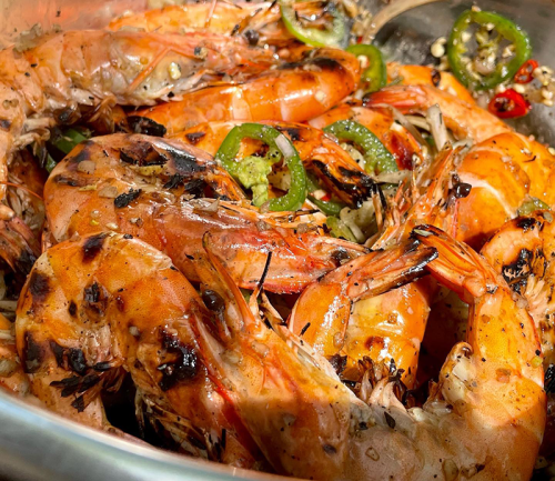 Grilled head on shrimp, chilies, garlic, shallot, ginger